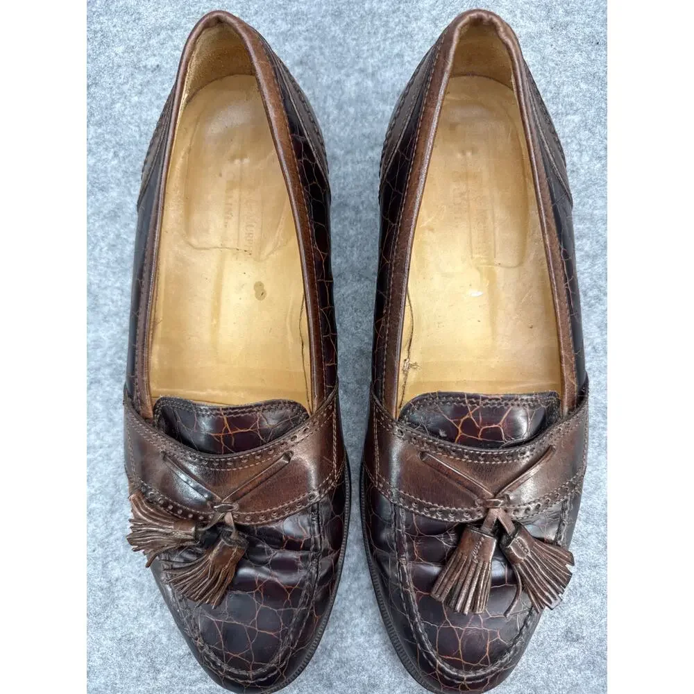 Johnston & Murphy Vintage Cellini Brown Italy Leather Croc Tassel Loafer Men 8.5